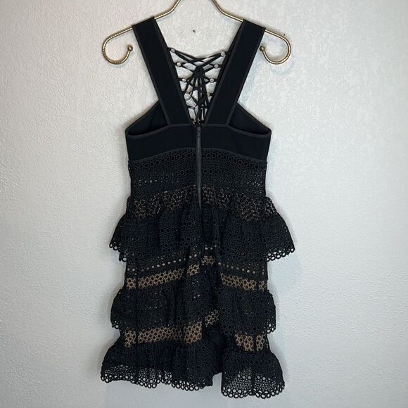 New Self-Portrait Lace Up Plunging V Ruffle Mini Dress Black Size 4 - Picture 7 of 16